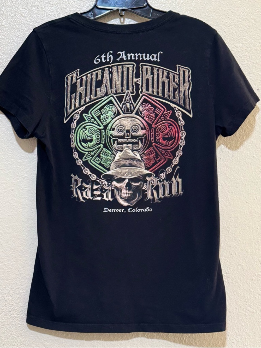 Women’s Sz.XL Graphic Skull Chicano Biker V Neck Blk. Cotton Tee Moto Grunge